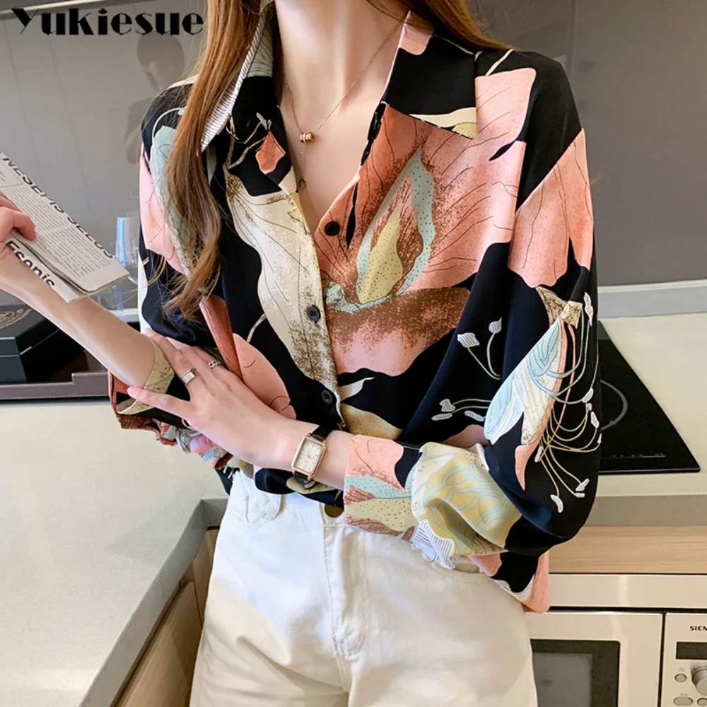 

Harajuku Vintage Spring Summer New Korean Style Long Sleeve Shirt Women's Print Design Loose Chiffon Style Top Commuting Elegant