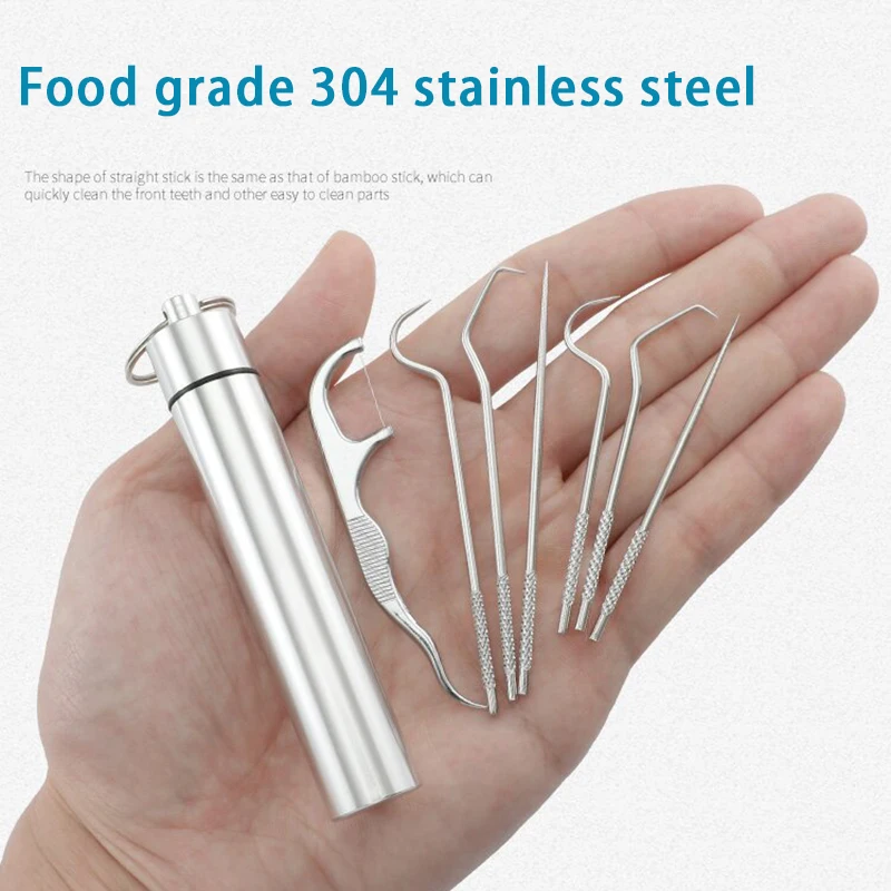 

Stainless Steel Dental Floss Pick Reusable Tooth Tartar Removal Toothpick Knife Bottle Opener Oral Teeth Clean Flossing Keychain
