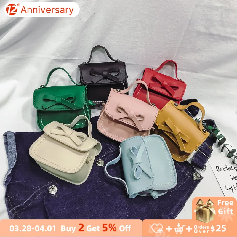 

New Fashion Children's Coin Purse PU Leather Cute Mini Sweet Bow Handbag Lovely Crossbody Shoulder Bag Wallet for Girls