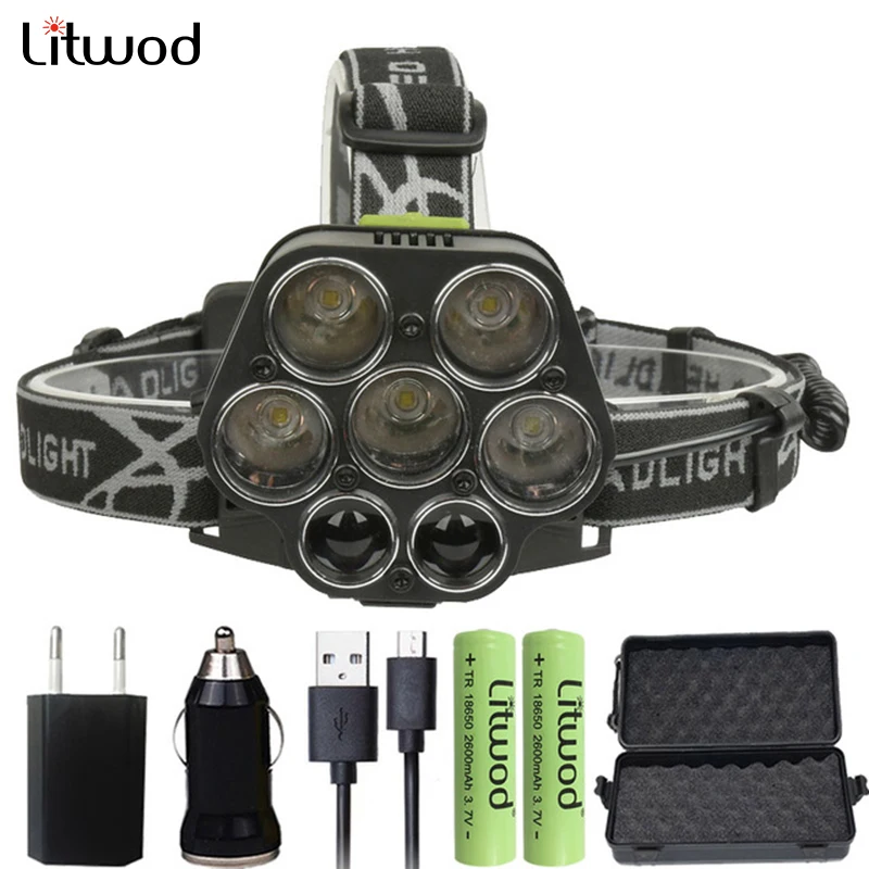 

Hiking LED Headlight 25000LM 5*T6 + 2*XPE Headlight Micro USB Charger Headlight Portable Mountaineering Fishing Light Flashlight