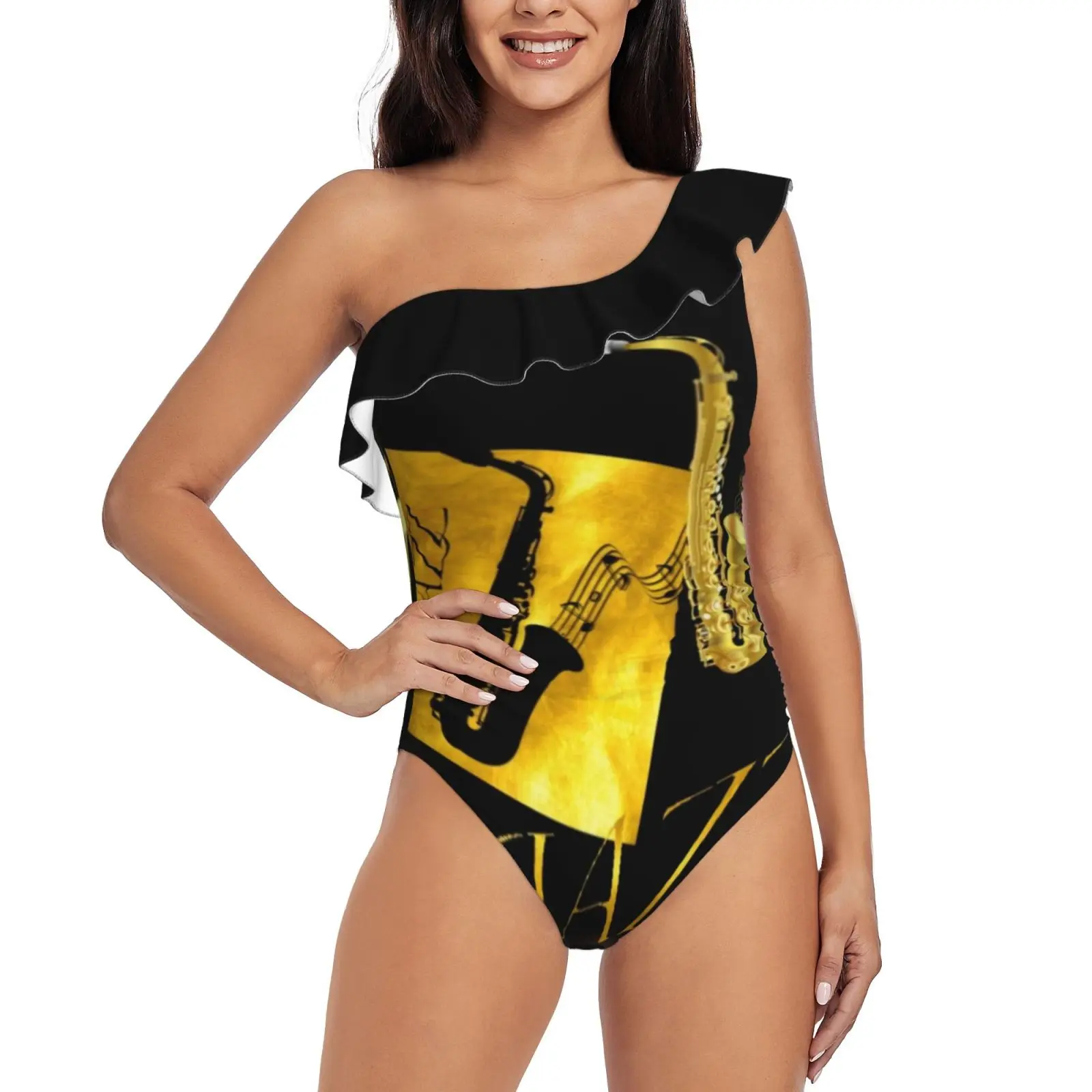 

Jazz Saxophonists Gift-Gold Sax Music Notes One Shoulder Ruffle Swimsuit Women Swimwear Sexy Beach Wear Summer Bathing Suits