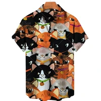 summer mens hawaiian shirt 3d animal black cat printed short lapel sleeve oversized hawaii men beach floral shirts