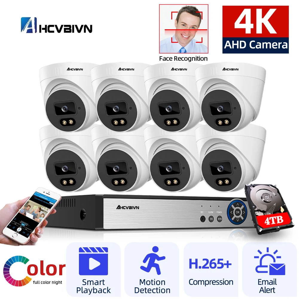 

AHCVBIVN 8CH 8MP AHD Video Surveillance System CCTV Kit with Full Color Night Security Cameras DVR Camcorder for Home XMeye App