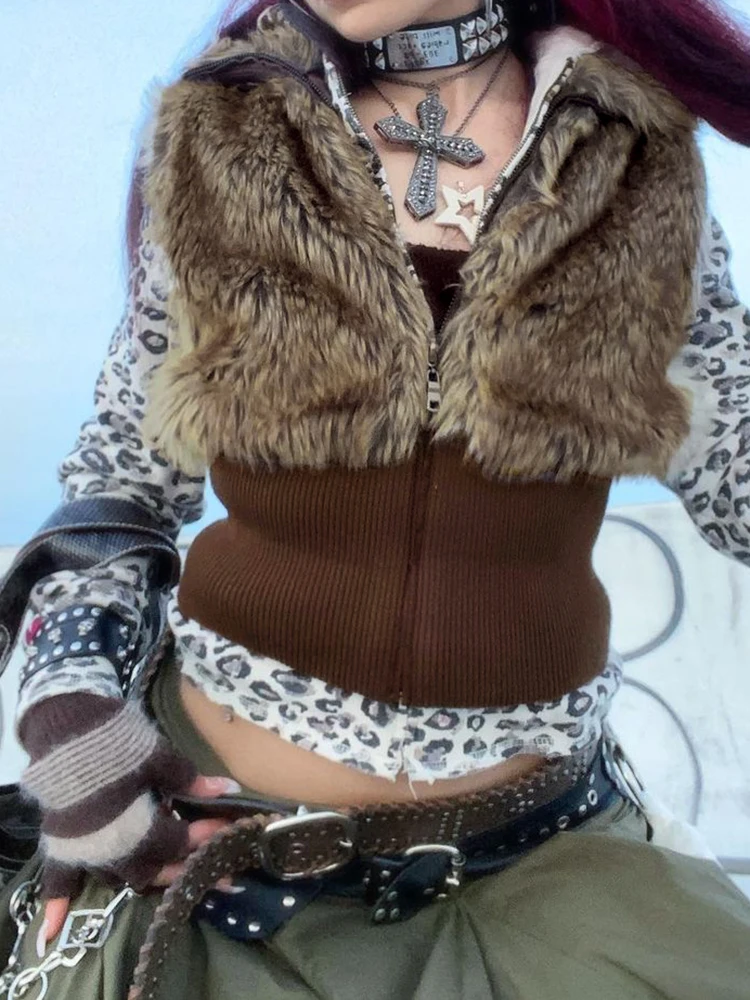 

WeiYao Sleeveless Faux Fur Vest Female Zip Up Turtleneck Fall Winter Jackets Ribbed Patchwork Hem Corset Top Street Outfits