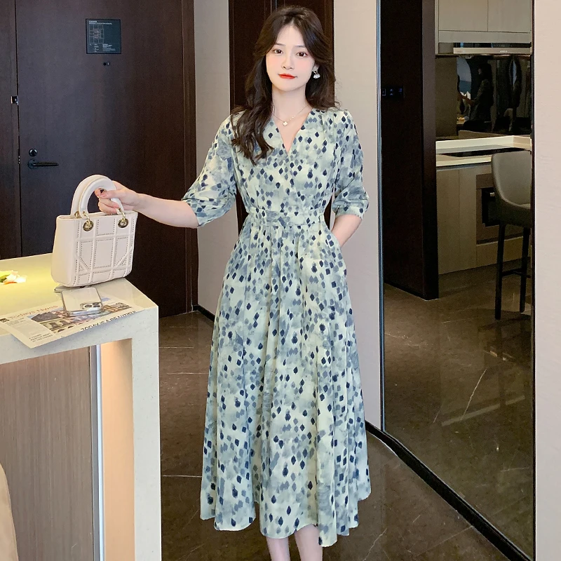 

French Floral Summer Dress Women V-neck Sexy Dress Elegant Long Dress Office Lady Vintage Dress Printing Fashion Women Clothing