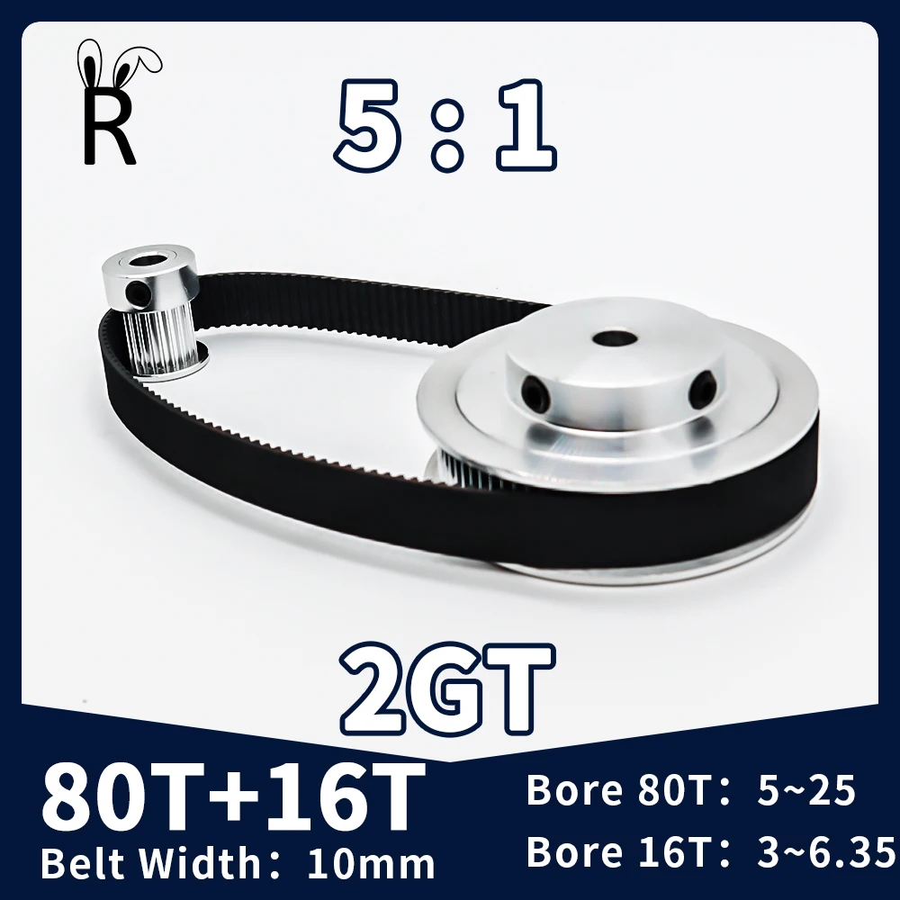 

80T 16Teeth GT2 Pulley Belt Kit Reduction5:1 3D Printer Parts Bore 3~25mm Belt Width 10mm 2M Synchronous Wheel 2GT Timing Pulley