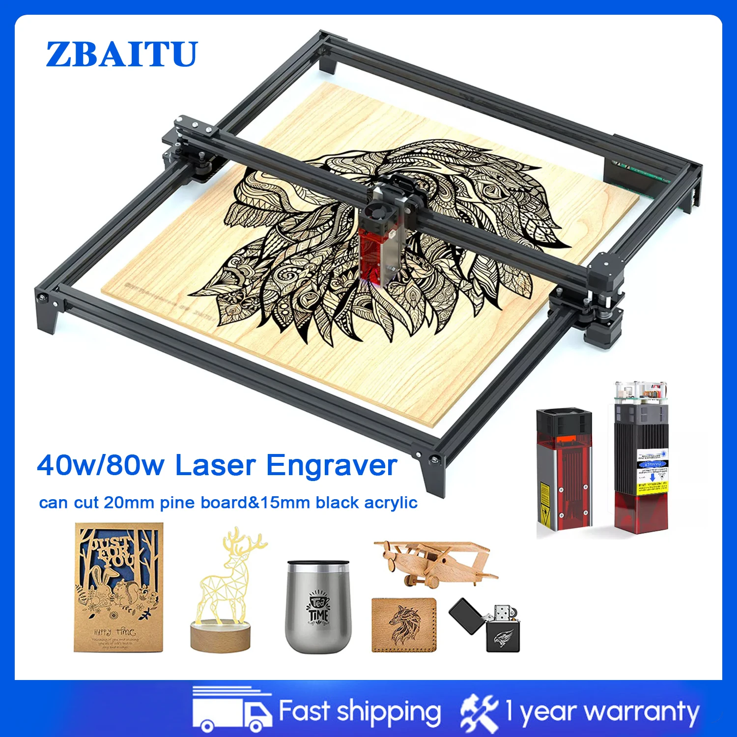 ZBAITU Woodworking Laser Engraver 80W Laser Module CNC DIY Wood Engraving Cutting Machine Wifi Cellphone Control Air Assisted