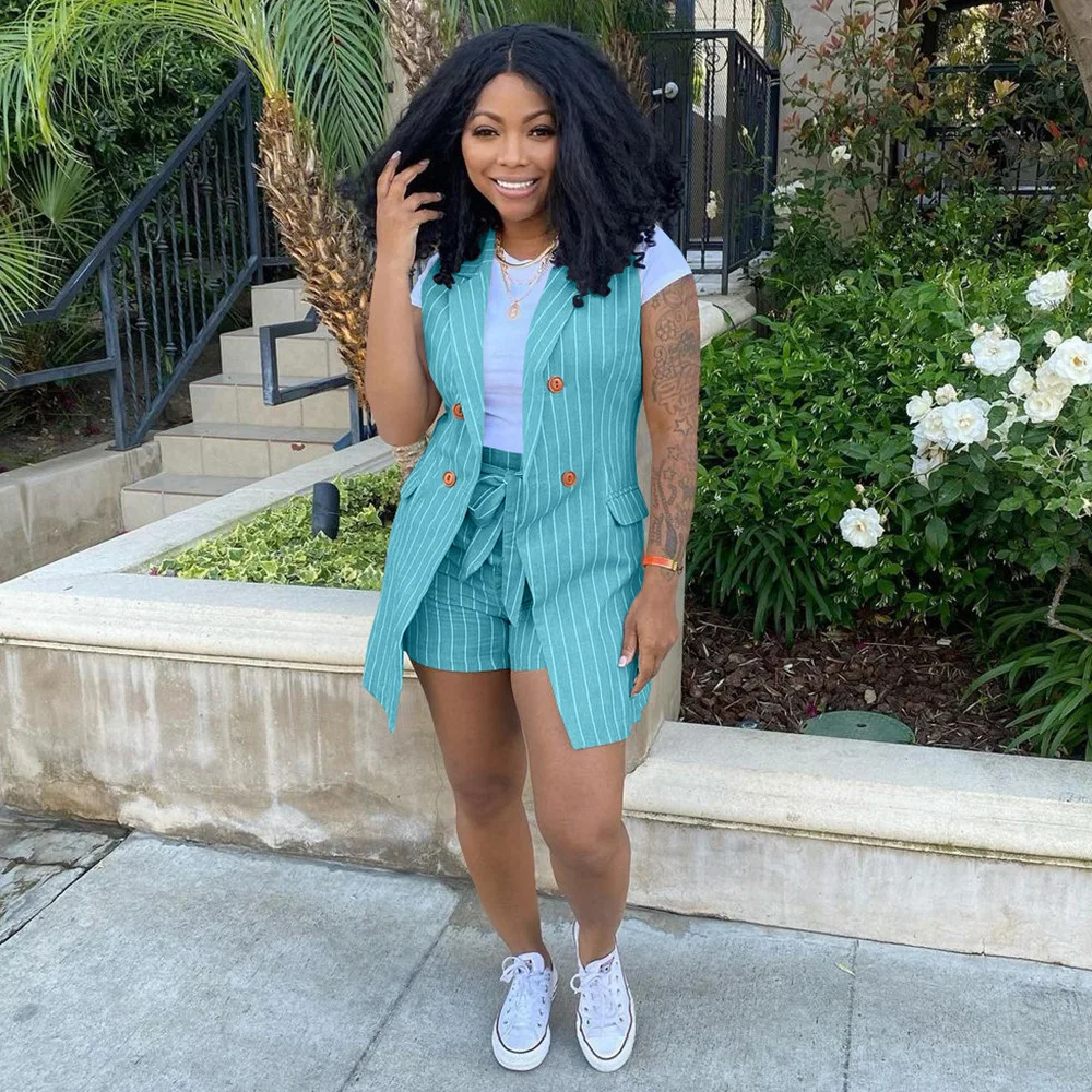 Sexy Sleepwear OL Office Two-piece Striped Print Small Suit Vest Jacket with Bel Pijamas Women