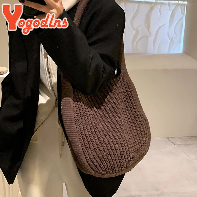 

2023 Retro Wool Knitted Shoulder Bag for Women Wintter New Totes Bag Large Capacity Shopping Handbag Literary Armpit Bag sac