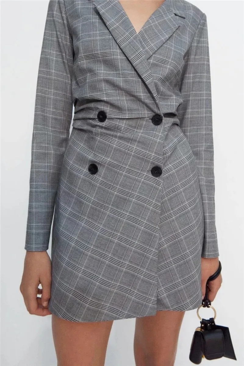 Long Plaid Blazer Dress Women Double Breasted Dress Style Blazer Office Lady Formal Clothing  Commute Blazer Suit Sexy Elegant