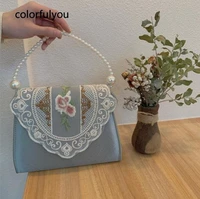 vintage designer bag women 2021 new embroidered flowers handbag pearl handle shoulder messenger bag for ladies