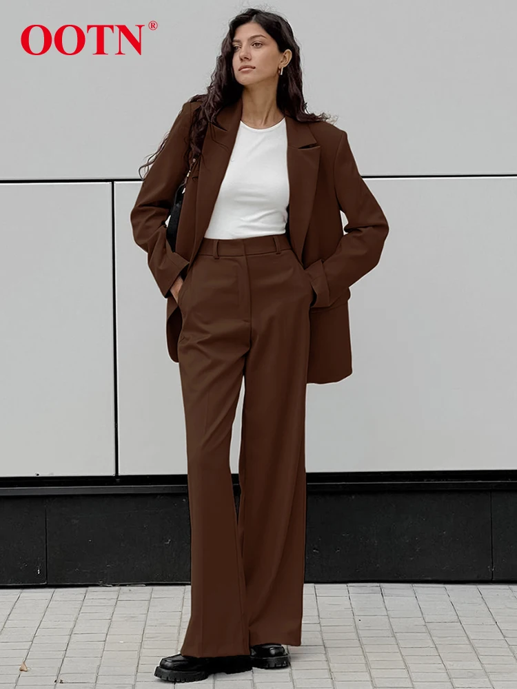 

Женские офисные коричневые куртки OOTN, элегантные топы с зубчатым воротником и высокой талией, длинные штаны с широкими штанинами, комплект из двух предметов, осень 2023