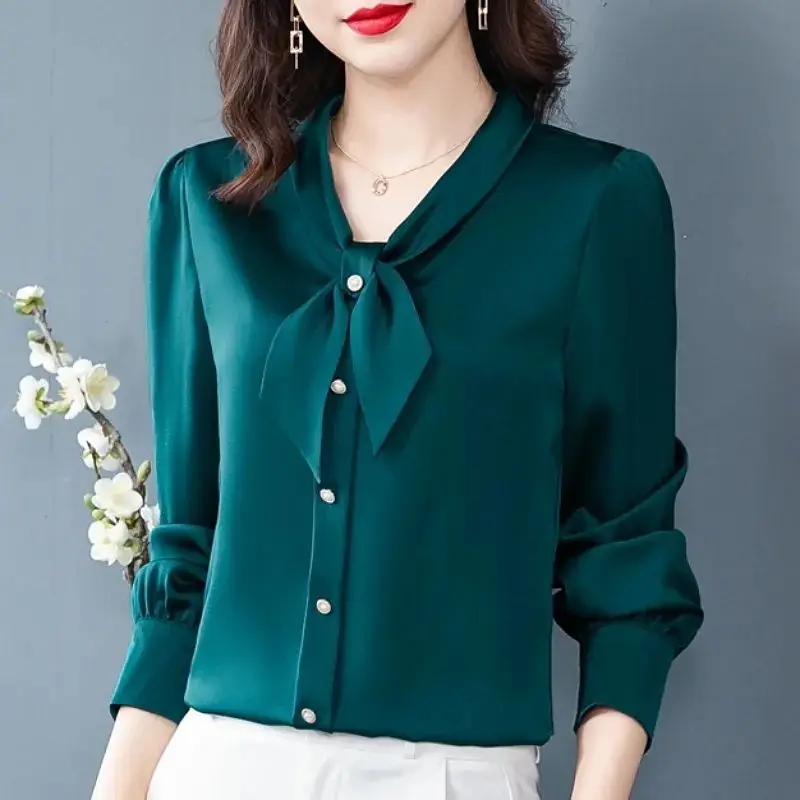 Женская атласная рубашка с бантом элегантная офисная блузка в Корейском стиле