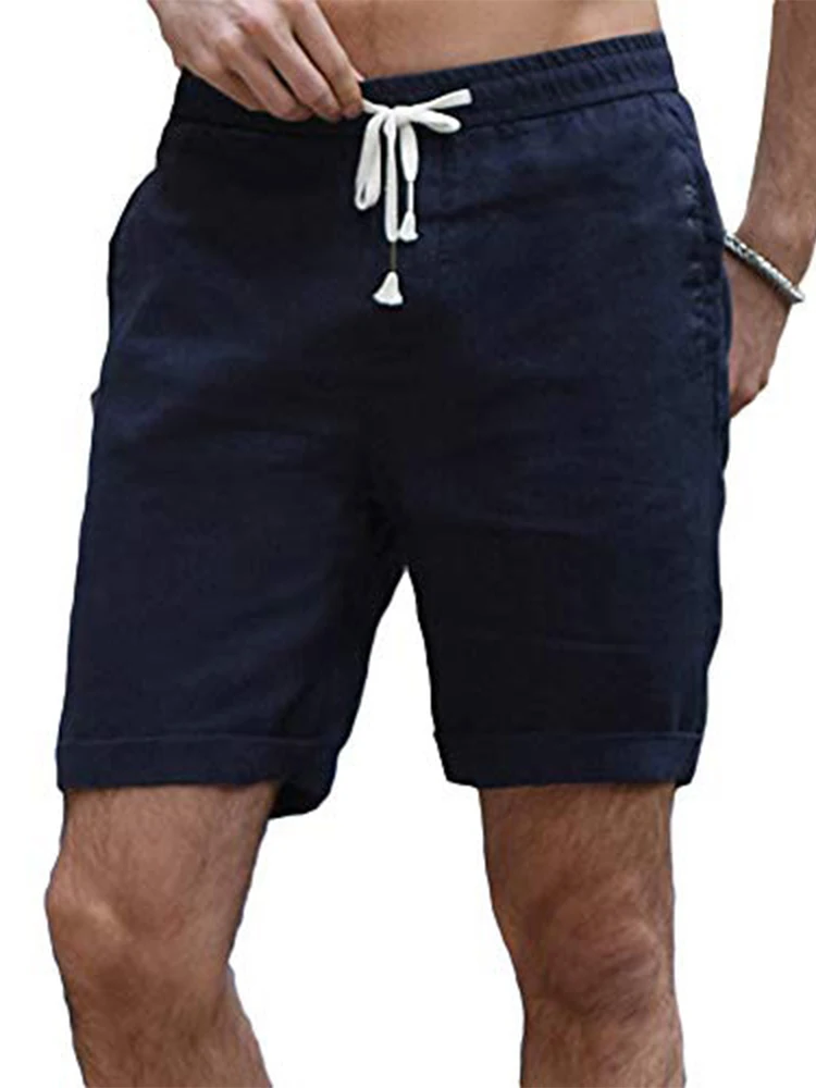 

Шорты мужские с завязкой на поясе, модные пляжные повседневные свободные короткие штаны со средней талией, винтажные однотонные хлопково-л...