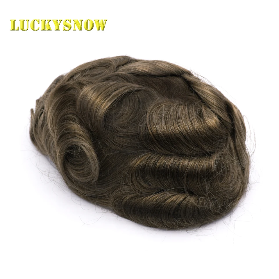 Luckysnow Thin Skin 0.03mm Natural Hair Men Toupee Human Hair Men Wig Replacement Systems Hair Piece Men Toupee 6R#Color