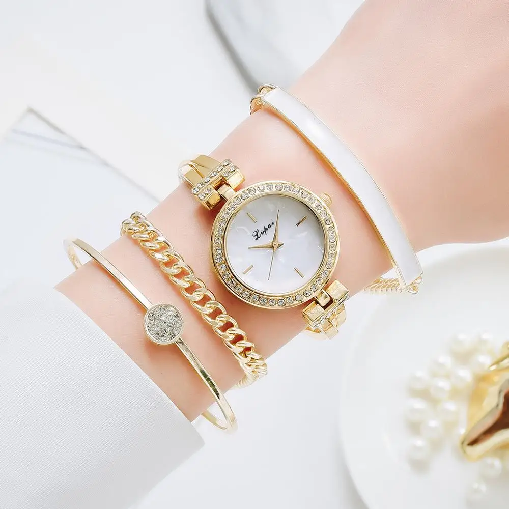 Fashion 4pcs Set Women Watches Luxury Buckle Flower Rhinestone Watch Ladies Quartz Wrist Watch Bracelet Set Reloj Mujer