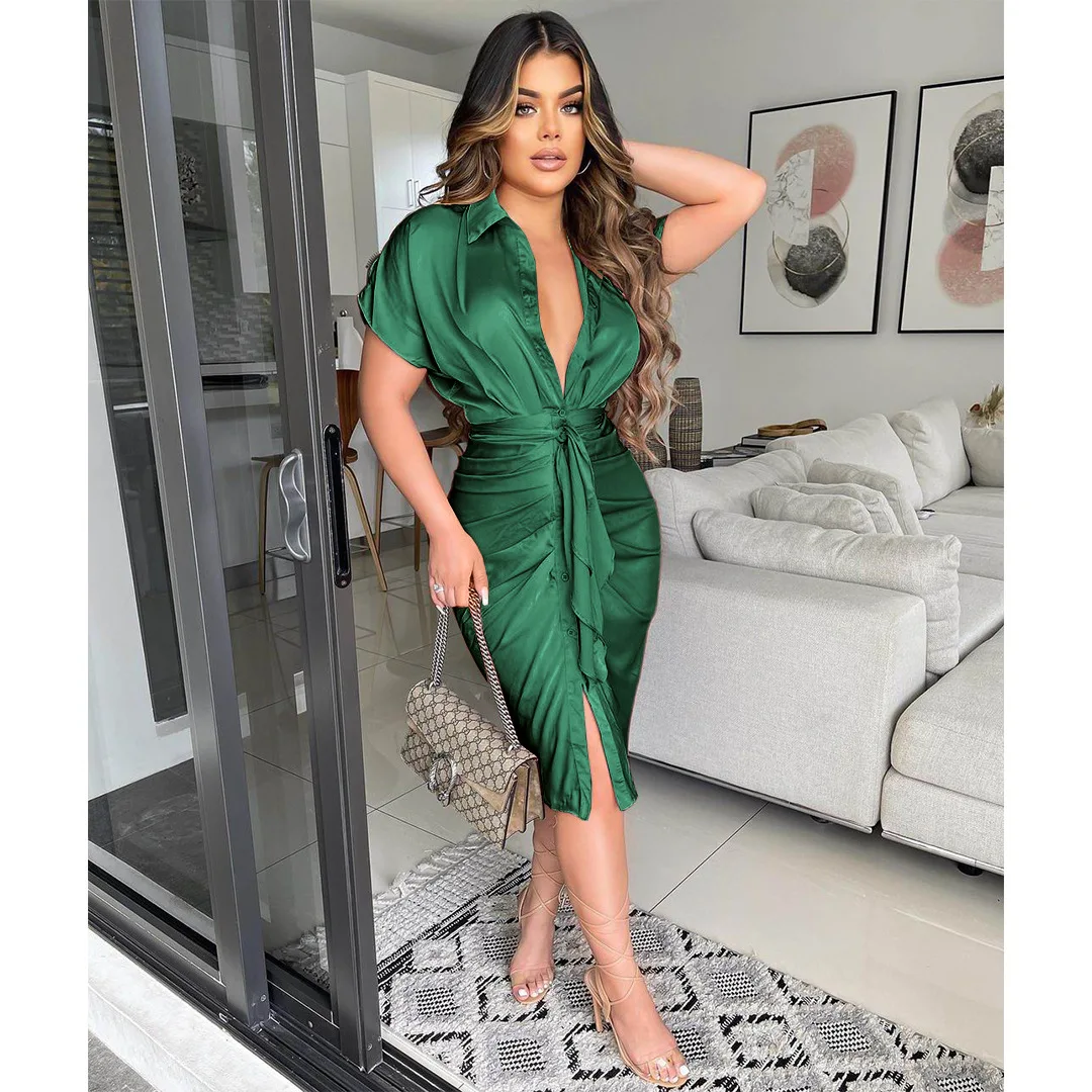 

Summer Sexy Shirt Dress Women Fashion Silk Pleated Short Sleeved Button Shirt Dress Women