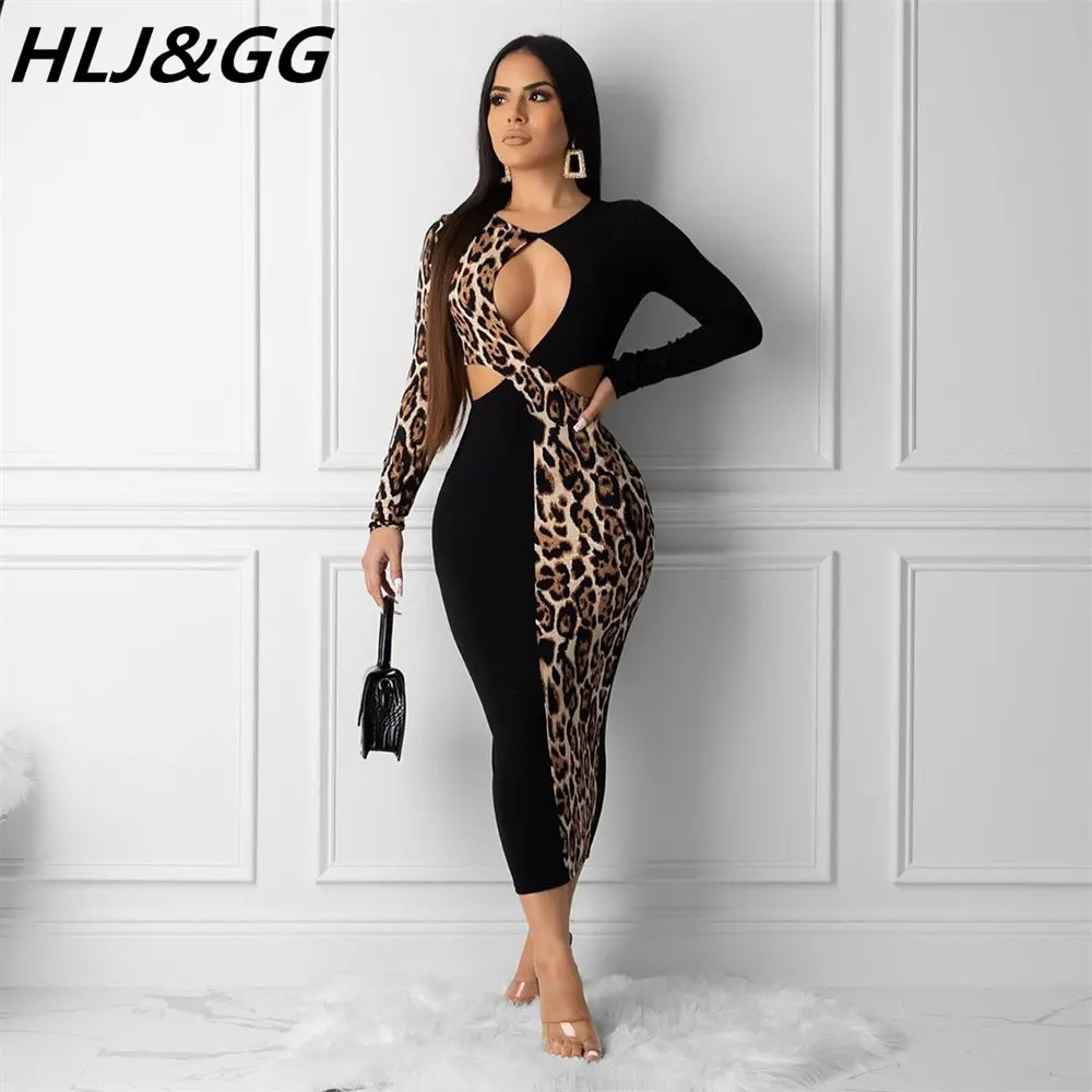 

FAGADOER Elegant Leopard Patchwork Bodycon Midi Dress Female Slim Fit Long Sleeve Hollow Out Sexy Party Club Dress Autumn 2022