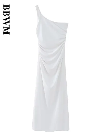 White Dress Woman Asymmetric Collar Dress Women Sexy Off Shoulder Fashion Dresses for Women 2023 Summer Chic Folds Midi Dress