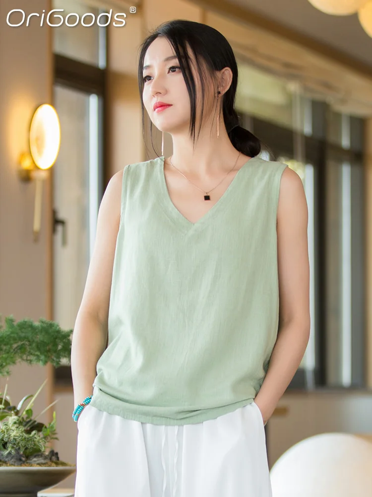 

OriGoods Women Tank Tops 2022 Summer New Sleeveless Vest Camisole Cotton Linen V-neck Loose Casual Tank Top Cool Cute Tops B355