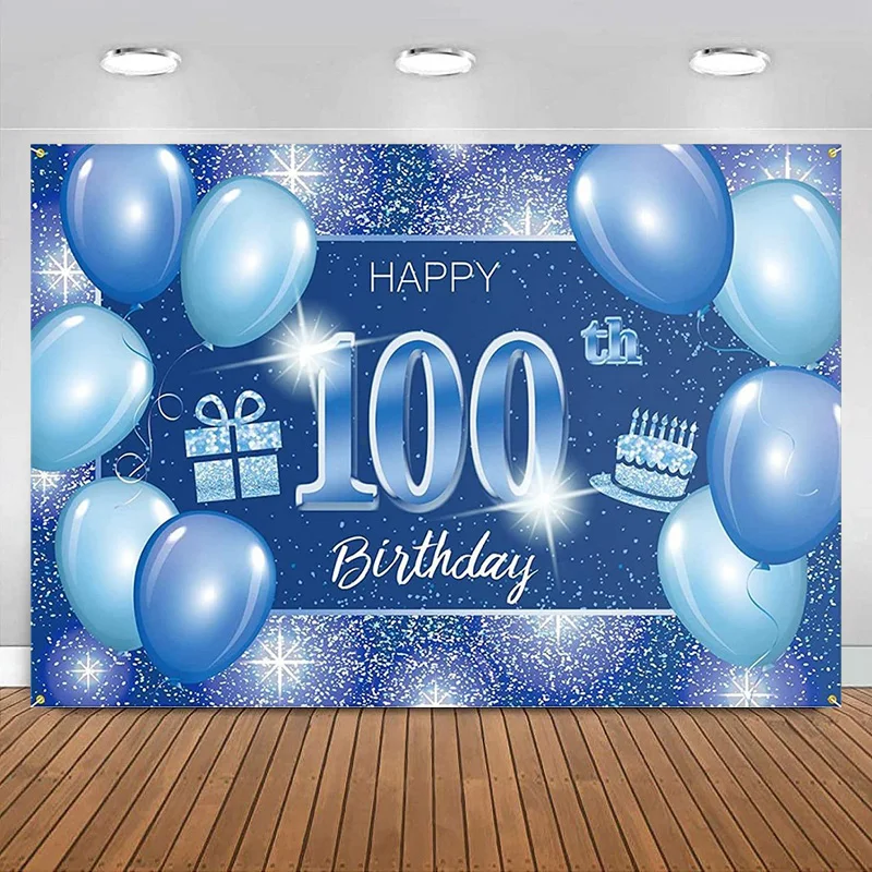 

Happy 100th Birthday Backdrop Banner Decor Blue Glitter Sparkle party Theme Decoration Men Women Supplies Photography Background