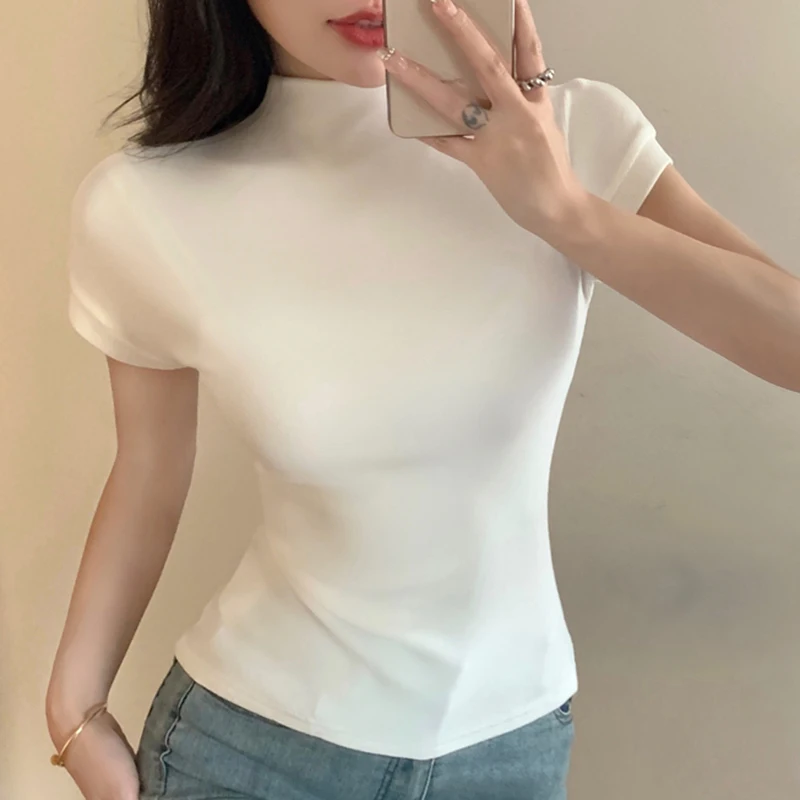 

Short Sleeve Slim Knit T-shirt Women Summer Tees Fashion 2023 Vintage Sexy T Shirt Casual Office Lady Tops Elegant Blusas 26826