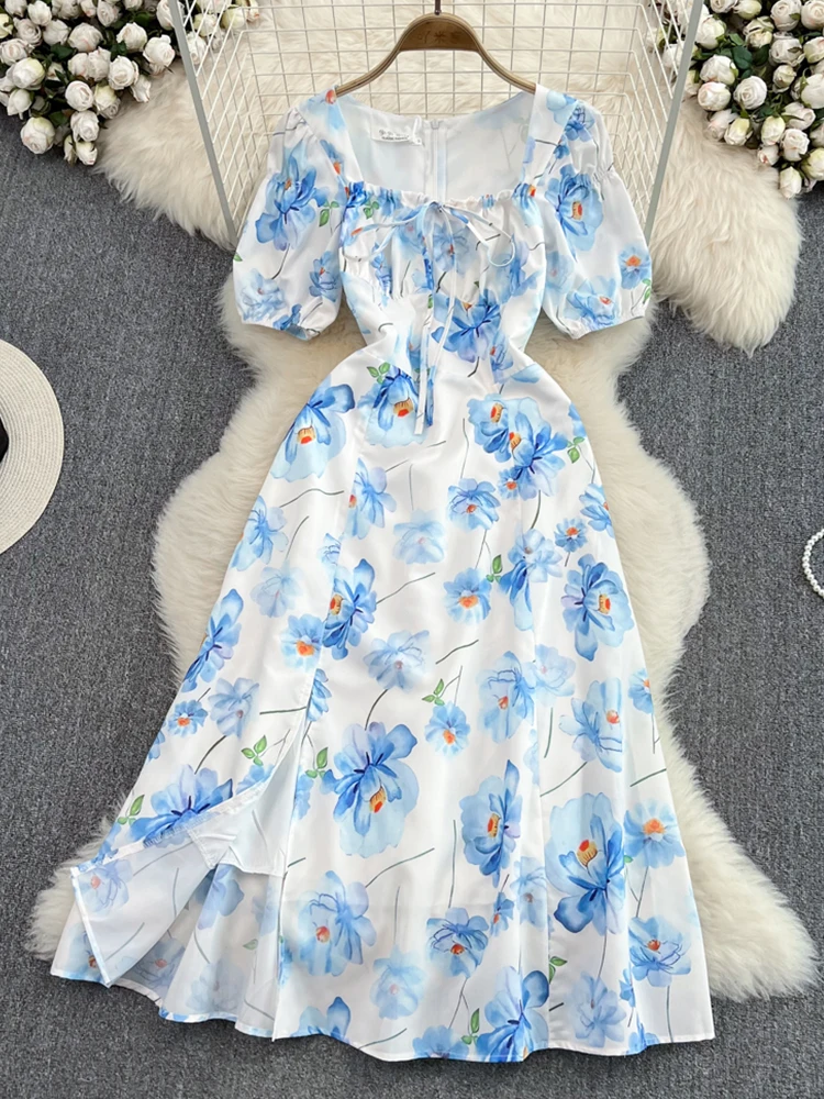 

Fitaylor Summer Fashion Casual Square Neck Bubble Sleeve High Waist Slim A-Line Dress Elegant Drawstring Short Sleeve Dresses