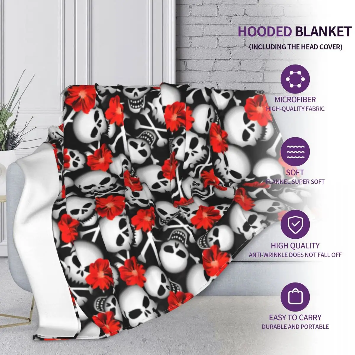 Супермягкое Флисовое одеяло с капюшоном и принтом красных цветов |