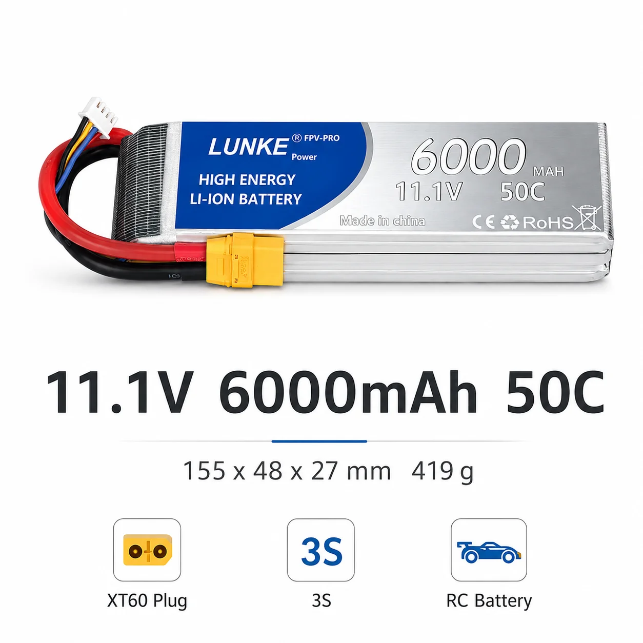 Фото Литий-полимерный аккумулятор 3S, 11.1В, 6000мАч, 50C, XT60, XT90, XT90-S, Deans T, EC5, для радиоуправляемых моделей: вертолетов, самолетов, автомобилей, лодок. №2