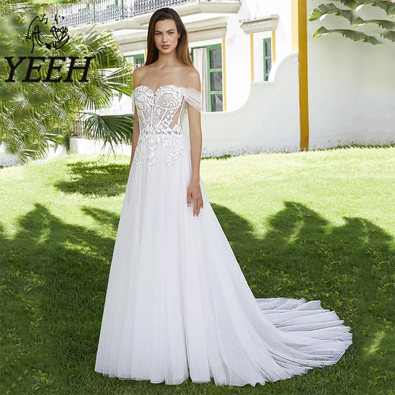 

YEEH Off-the-shoulder Wedding Dresses Appliques Lace Tulle Evening Wedding Party Bridal Court Train Gowns Vestido De Novia