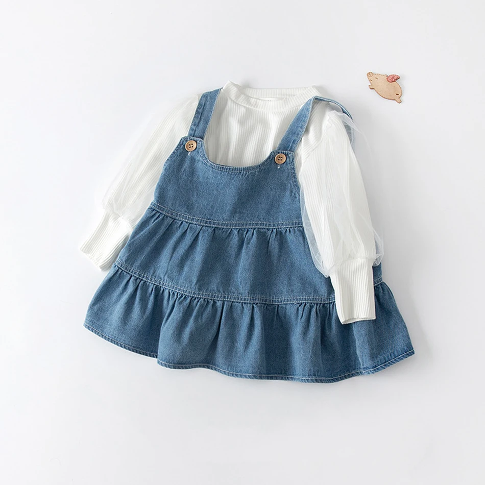 

Toddler Kids Baby Girls Clothes Set 2pcs 1-6Y Children Autumn Puff Full Sleeve Solid Top Shirts Denim Knee-length Dress
