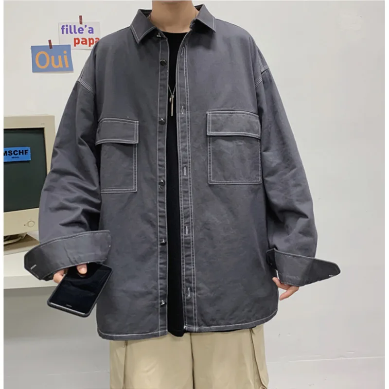 Autumn Cotton Long Sleeve Shirts Men Fashion 5 Colors Pocket Casual Shirts Mens Japanese Streetwear Loose Tooling Shirts Men