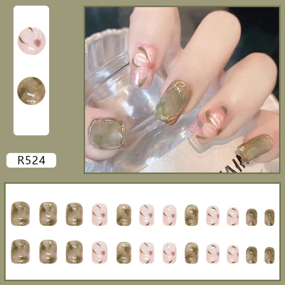 

24Pcs Green False Nails Refreshing Camellia Short Fake Nails for Women and Girls Artificial Nails Fake Nail Pieces NOV99