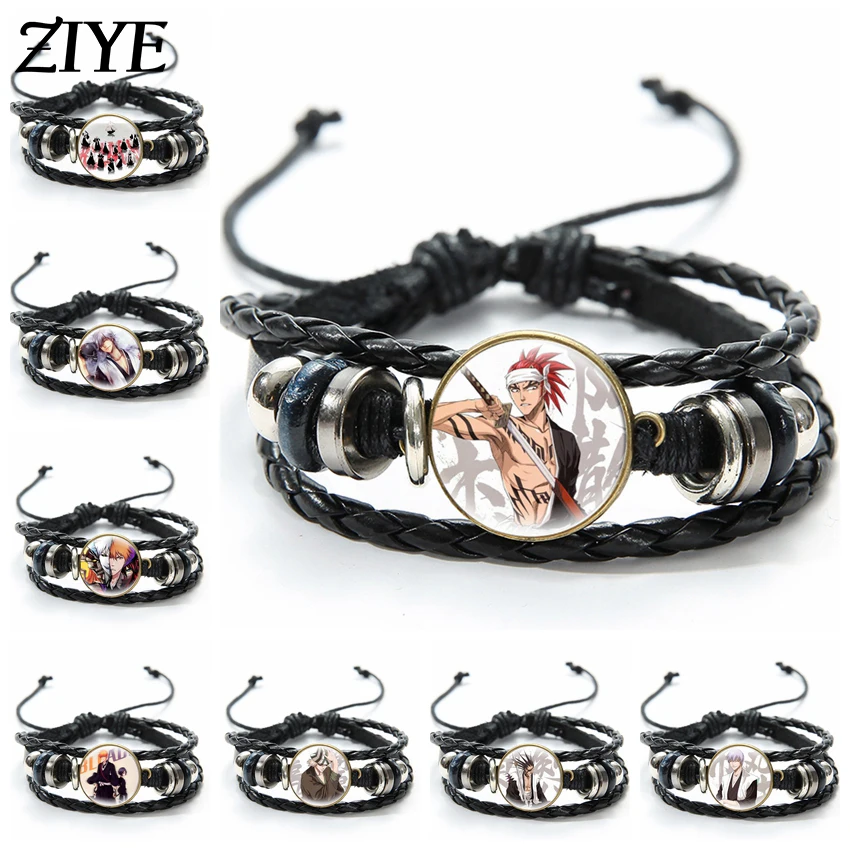 

Anime Bleach Cosplay Badge Leather Bracelet Kurosaki Ichigo Hitsugaya Toushirou Figures Multilayer Glass Bangles Gifts Wholesale