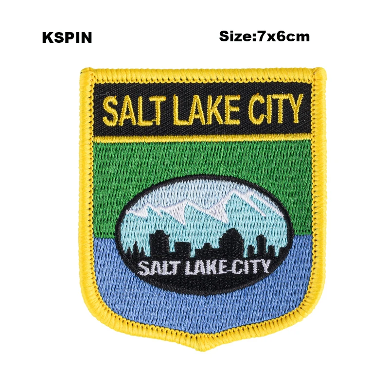 

Salt Lake City Flag Shield Shape Iron on Embroidery Patches Saw on Transfer Patches Sewing Applications for Clothes Back Pac