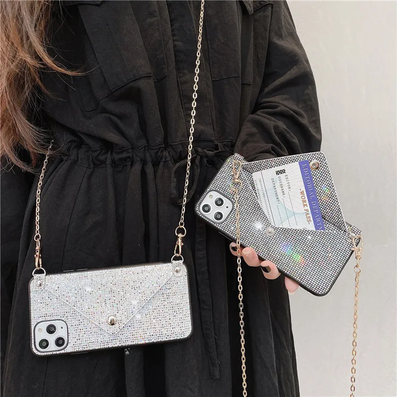 

Glitter Luxury Diamond Wallet Card Phone Case for iPhone 13 12 11Pro Max XR XS Max X 7 8 Plus Shining Crossbody Cover with Chain