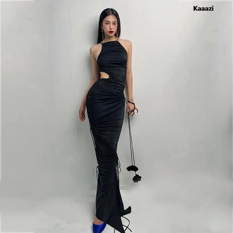 

Draw String Hollow Out Bandage Sleeveless Backless Lace Up Maxi Long Dress Sexy Shirring Folds Summer Women Fashion Party Club