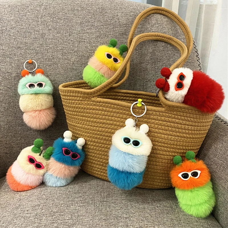 

Cute Plush Caterpillars Keychain For Car Keys Women Cartoon Cute Real Fur Pendant Phone Keychains Keyring Backpack Jewelry Gift
