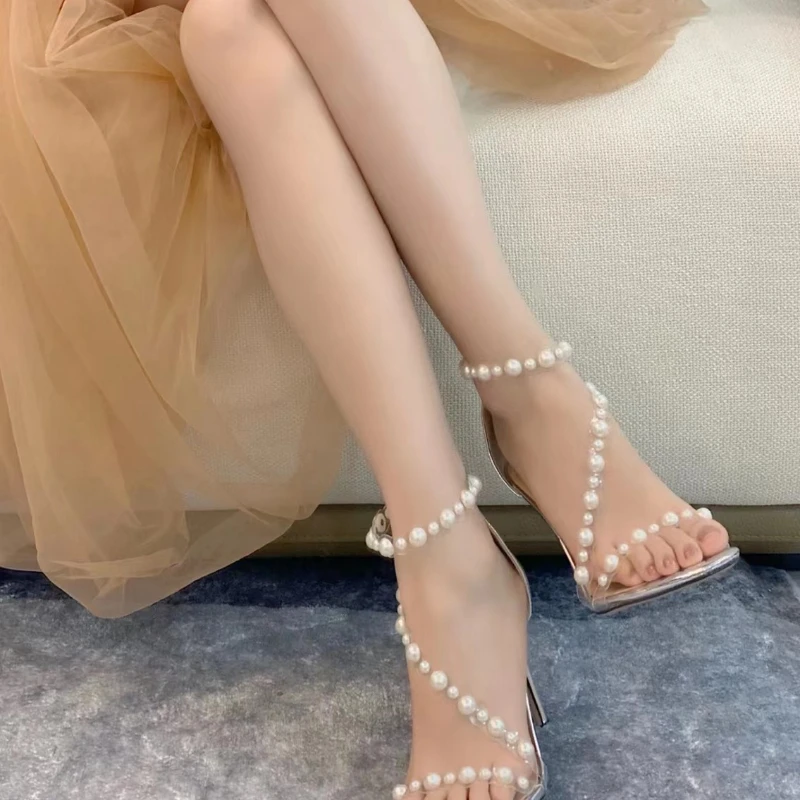 

Open Toe Sheer Heels Woman String Bead Buckle Strap Thin Heels Back Zip Sandal Party Shoes 2022 Summer New Women's Sandals