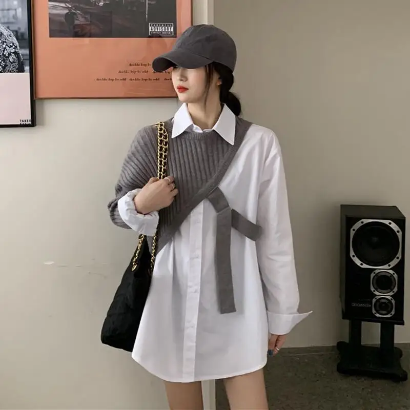 

ZCSMLL Set 2022 Spring and Autumn POLO Collar White Medium Long Sleeved Shirt+sweater Shawl Two-piece Female Fashion