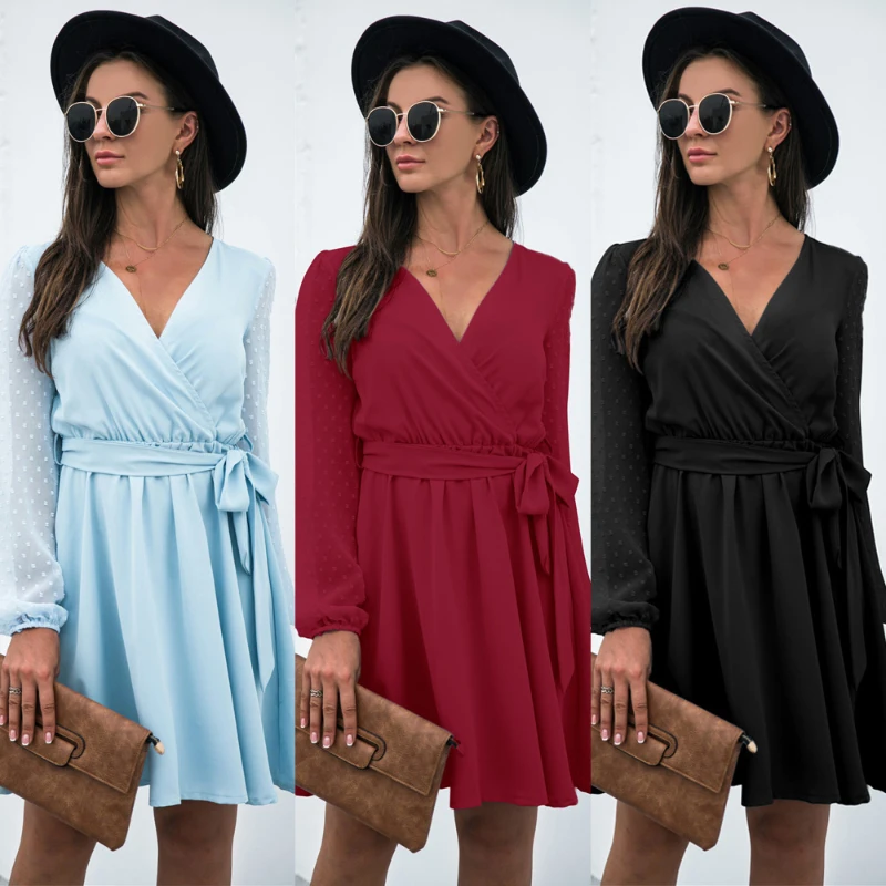 

2022 Summer Chiffon Dress Women Solid Color V Neck Beach Dress Casual Ruffle Long Sleeve A-Line Mini Party Dress Vestidos