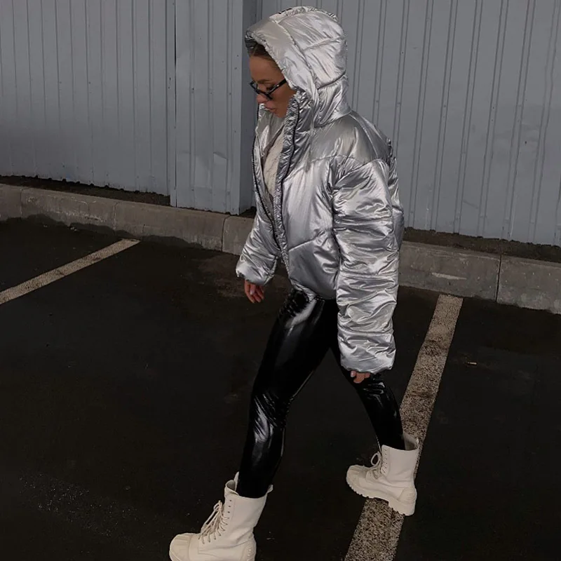 2021 New Winter Jacket Women Parkas Jacket Crop Jacket Shiny Bubble Coat Hooded Thick Jacket Warm Streetwear Fashion Outfits