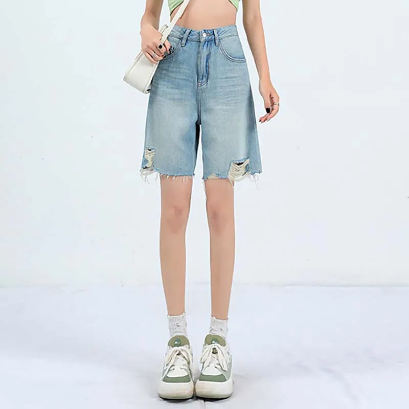 Women Short Jeans Fashion Casual Half Denim Shorts High Waist Tassels Belted Loose Female Versatile Streetwear Summer 2023 New