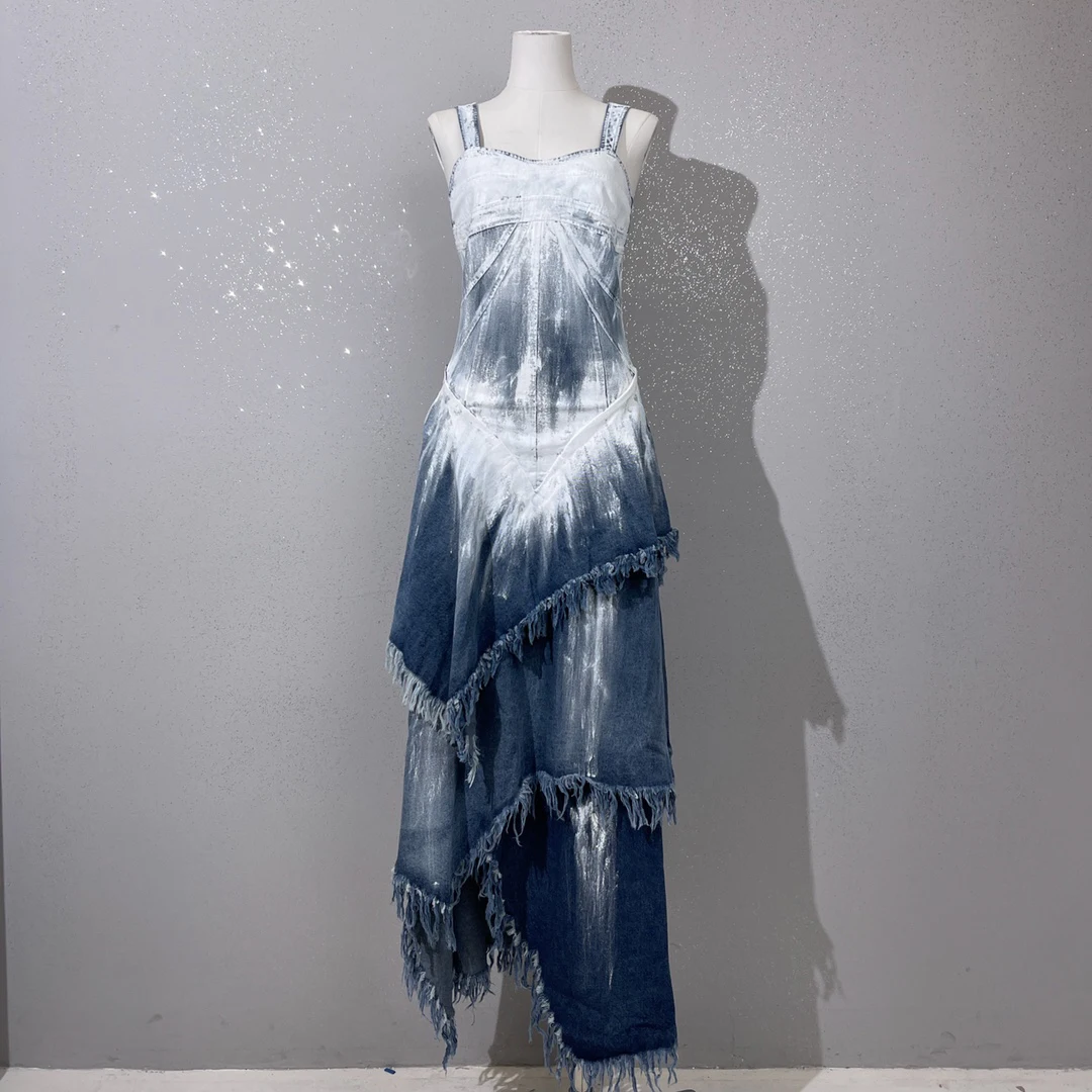 

Hand-painted suspenders dress each piece is hand-painted, medium length