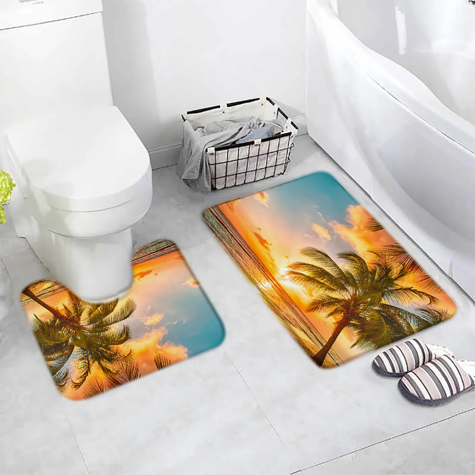 Ocean Beach Bath Mat Set Palm Leaves Sea Waves Sailboat Bird Summer Scenery Bathroom Decor Floor Carpet Non-Slip Rug U Shape Mat images - 6