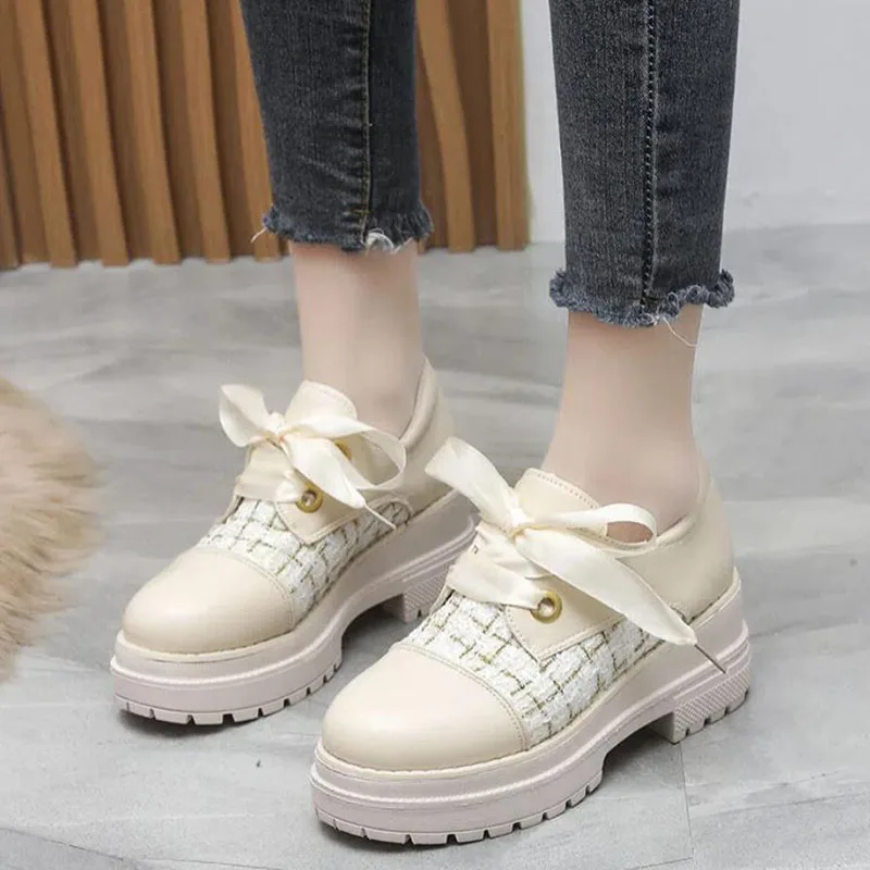 Autumn Women Square Heel Platform Leather Shoes For Female Students Harajuku Mary Jane England OL Party Chunk Shoes New 2022