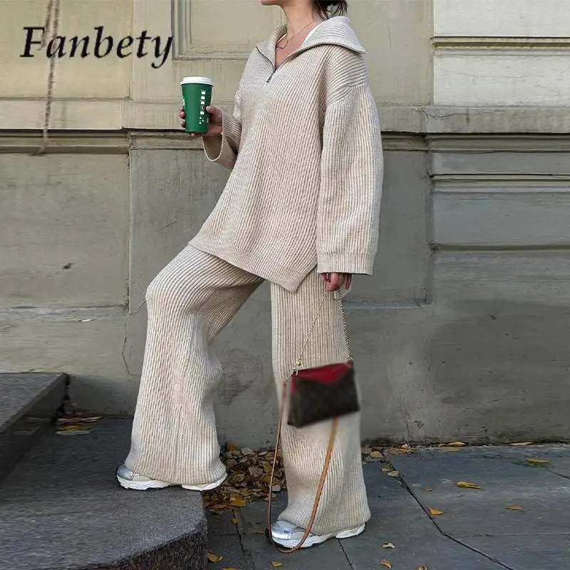 

Зимний вязаный свитер с лацканами на молнии, Повседневный свитер с длинным рукавом и широкие брюки, Женский однотонный комплект из двух предметов с разрезом