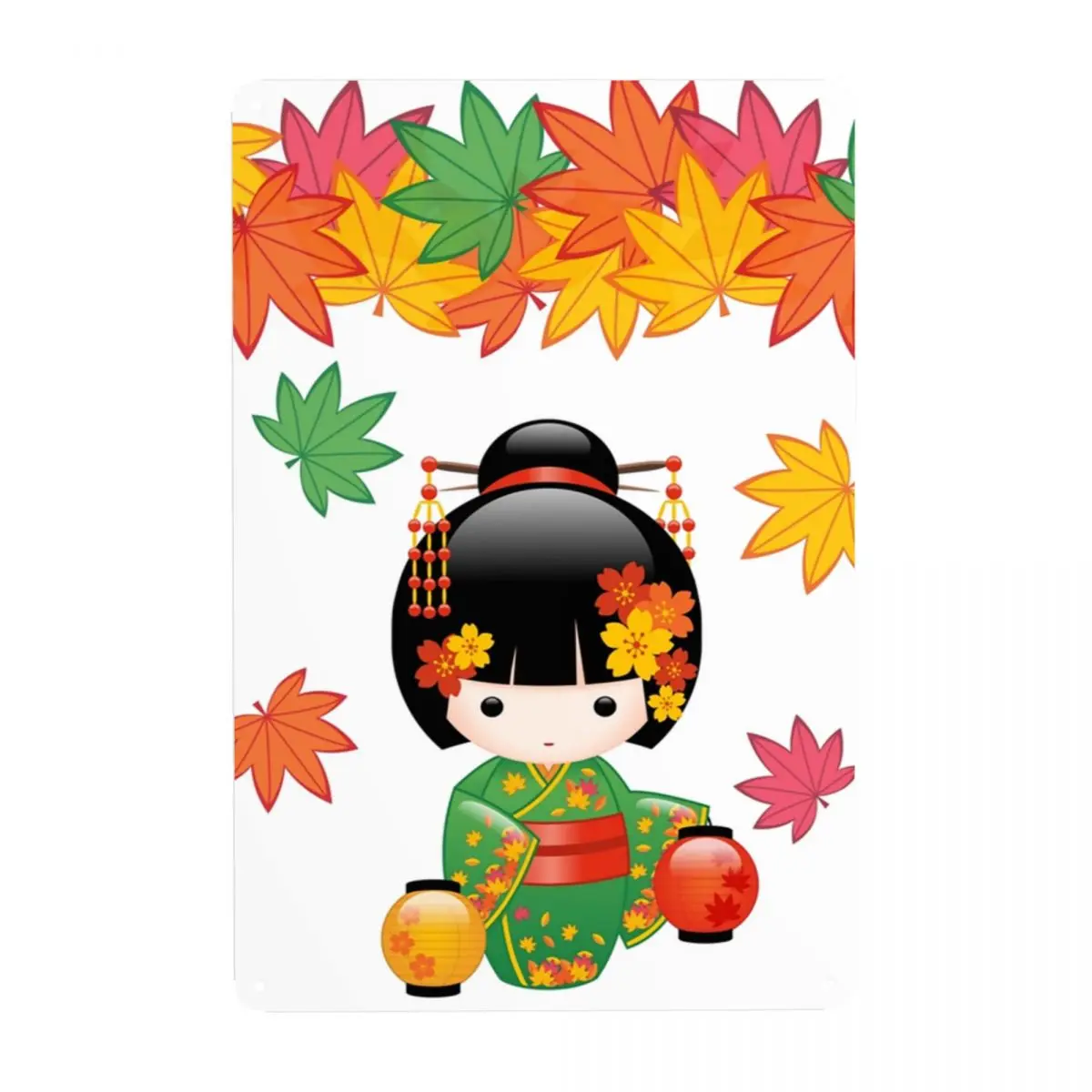 Japanese Fall Kokeshi Doll Signs Custom Vintage Cute Girly Geisha Metal Plaque for Gate Garden Yard Man Cave Bar Wall Decor