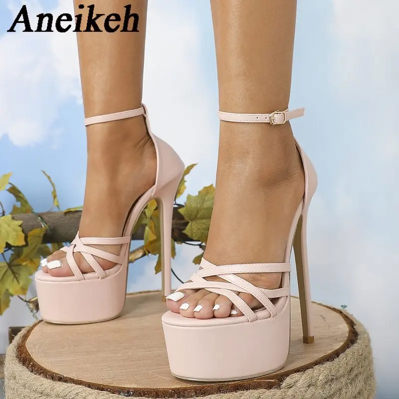 

Aneikeh 2024 Sexy Stripe Pole Dance Super High Heels Women's PU Cover Heel Open Toe Narrow Band Cross Design Platform High Heels