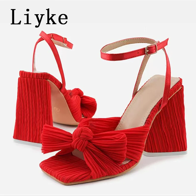 

Liyke Elegant Ladies Party Wedding Shoes Fashion Red Bowknot Open Toe Ankle Buckle Strap Strange Thick High Heels Sandals Women